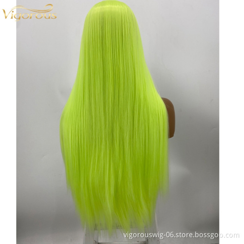Vigorous 2021 new style green hair frontal weft long straight synthetic front lace wig Glueless Heat Resistant fiber